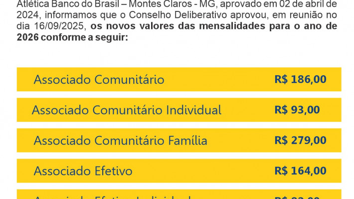 MENSALIDADES PARA O ANO DE 2026