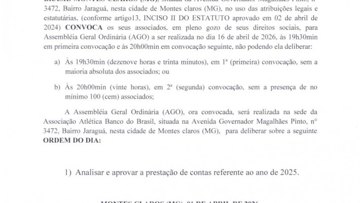 EDITAL DE 1° E 2° CONVOCAÇÃO DE ASSEMBLÉIA GERAL ORDINÁRIA (AGO)